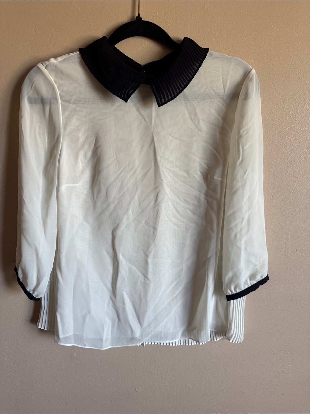 Ted Baker White Semi-Sheer Blouse with Black Pleated Collar